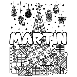 Coloriage pr&eacute;nom MARTIN - d&eacute;cor Sapin et Cadeaux
