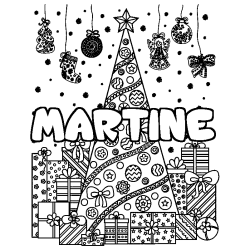 Coloriage pr&eacute;nom MARTINE - d&eacute;cor Sapin et Cadeaux