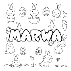 Coloriage prénom MARWA - décor Paques