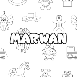 Coloriage prénom MARWAN - décor Jouets