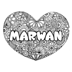 Coloriage prénom MARWAN - décor Mandala coeur