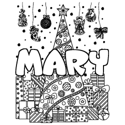 Coloriage MARY - d&eacute;cor Sapin et Cadeaux