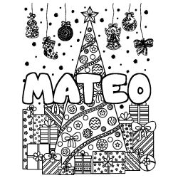 Coloriage prénom MATEO - décor Sapin et Cadeaux