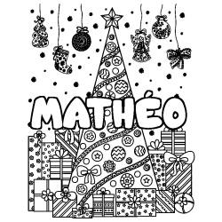 Coloriage prénom MATHÉO - décor Sapin et Cadeaux