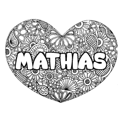 Coloriage pr&eacute;nom MATHIAS - d&eacute;cor Mandala coeur