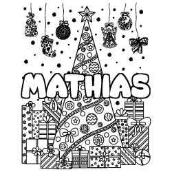 Coloriage prénom MATHIAS - décor Sapin et Cadeaux