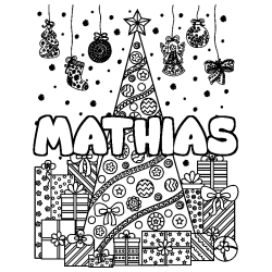 Coloriage pr&eacute;nom MATHIAS - d&eacute;cor Sapin et Cadeaux