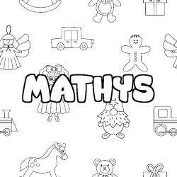 Coloriage pr&eacute;nom MATHYS - d&eacute;cor Jouets
