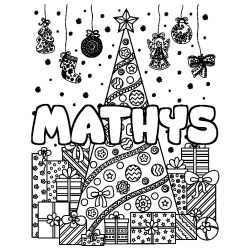 Coloriage pr&eacute;nom MATHYS - d&eacute;cor Sapin et Cadeaux