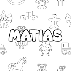 Coloriage pr&eacute;nom MATIAS - d&eacute;cor Jouets