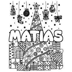 Coloriage pr&eacute;nom MATIAS - d&eacute;cor Sapin et Cadeaux