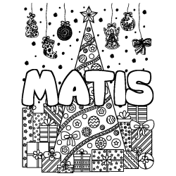 Coloriage prénom MATIS - décor Sapin et Cadeaux