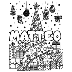 Coloriage pr&eacute;nom MATTEO - d&eacute;cor Sapin et Cadeaux