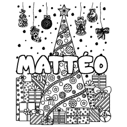 Coloriage prénom MATTÉO - décor Sapin et Cadeaux