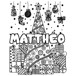 Coloriage pr&eacute;nom MATTH&Eacute;O - d&eacute;cor Sapin et Cadeaux
