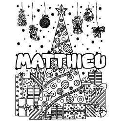 Coloriage prénom MATTHIEU - décor Sapin et Cadeaux