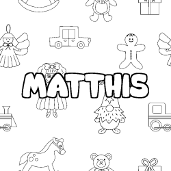 Coloriage pr&eacute;nom MATTHIS - d&eacute;cor Jouets