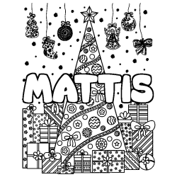 Coloriage prénom MATTIS - décor Sapin et Cadeaux