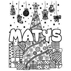 Coloriage pr&eacute;nom MATYS - d&eacute;cor Sapin et Cadeaux