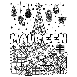 Coloriage prénom MAUREEN - décor Sapin et Cadeaux