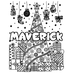 Coloriage prénom MAVERICK - décor Sapin et Cadeaux