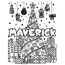 Coloriage pr&eacute;nom MAVERICK - d&eacute;cor Sapin et Cadeaux