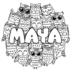 Coloriage pr&eacute;nom MAYA - d&eacute;cor Chouettes