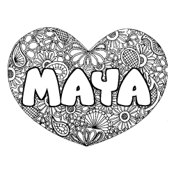 Coloriage prénom MAYA - décor Mandala coeur
