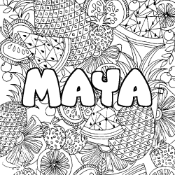 Coloriage prénom MAYA - décor Mandala fruits