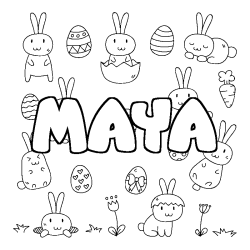 Coloriage pr&eacute;nom MAYA - d&eacute;cor Paques