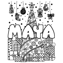 Coloriage pr&eacute;nom MAYA - d&eacute;cor Sapin et Cadeaux