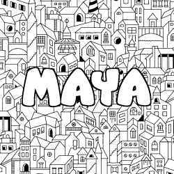 Coloriage prénom MAYA - décor Ville