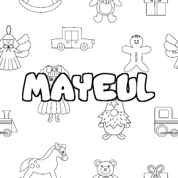 Coloriage pr&eacute;nom MAYEUL - d&eacute;cor Jouets