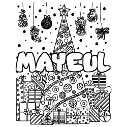 Coloriage pr&eacute;nom MAYEUL - d&eacute;cor Sapin et Cadeaux