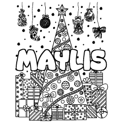 Coloriage prénom MAYLIS - décor Sapin et Cadeaux