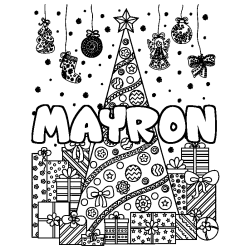 Coloriage prénom MAYRON - décor Sapin et Cadeaux