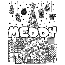 Coloriage prénom MEDDY - décor Sapin et Cadeaux