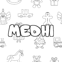 Coloriage pr&eacute;nom MEDHI - d&eacute;cor Jouets