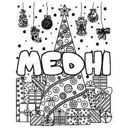 Coloriage prénom MEDHI - décor Sapin et Cadeaux