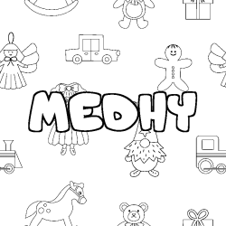 Coloriage prénom MEDHY - décor Jouets