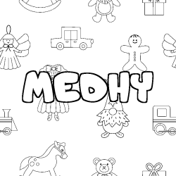 Coloriage pr&eacute;nom MEDHY - d&eacute;cor Jouets