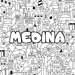 Coloriage pr&eacute;nom MEDINA - d&eacute;cor Ville