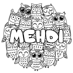 Coloriage pr&eacute;nom MEHDI - d&eacute;cor Chouettes