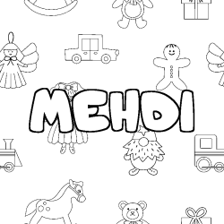 Coloriage pr&eacute;nom MEHDI - d&eacute;cor Jouets