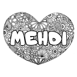 Coloriage prénom MEHDI - décor Mandala coeur