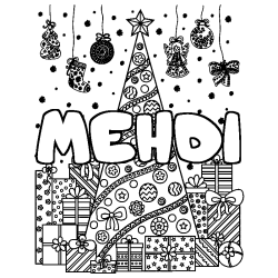Coloriage pr&eacute;nom MEHDI - d&eacute;cor Sapin et Cadeaux