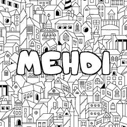 Coloriage pr&eacute;nom MEHDI - d&eacute;cor Ville
