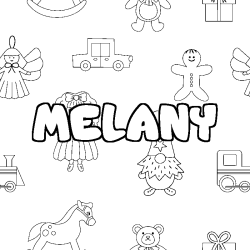 Coloriage prénom MELANY - décor Jouets