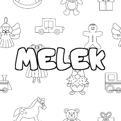Coloriage pr&eacute;nom MELEK - d&eacute;cor Jouets
