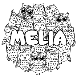 Coloriage pr&eacute;nom MELIA - d&eacute;cor Chouettes
